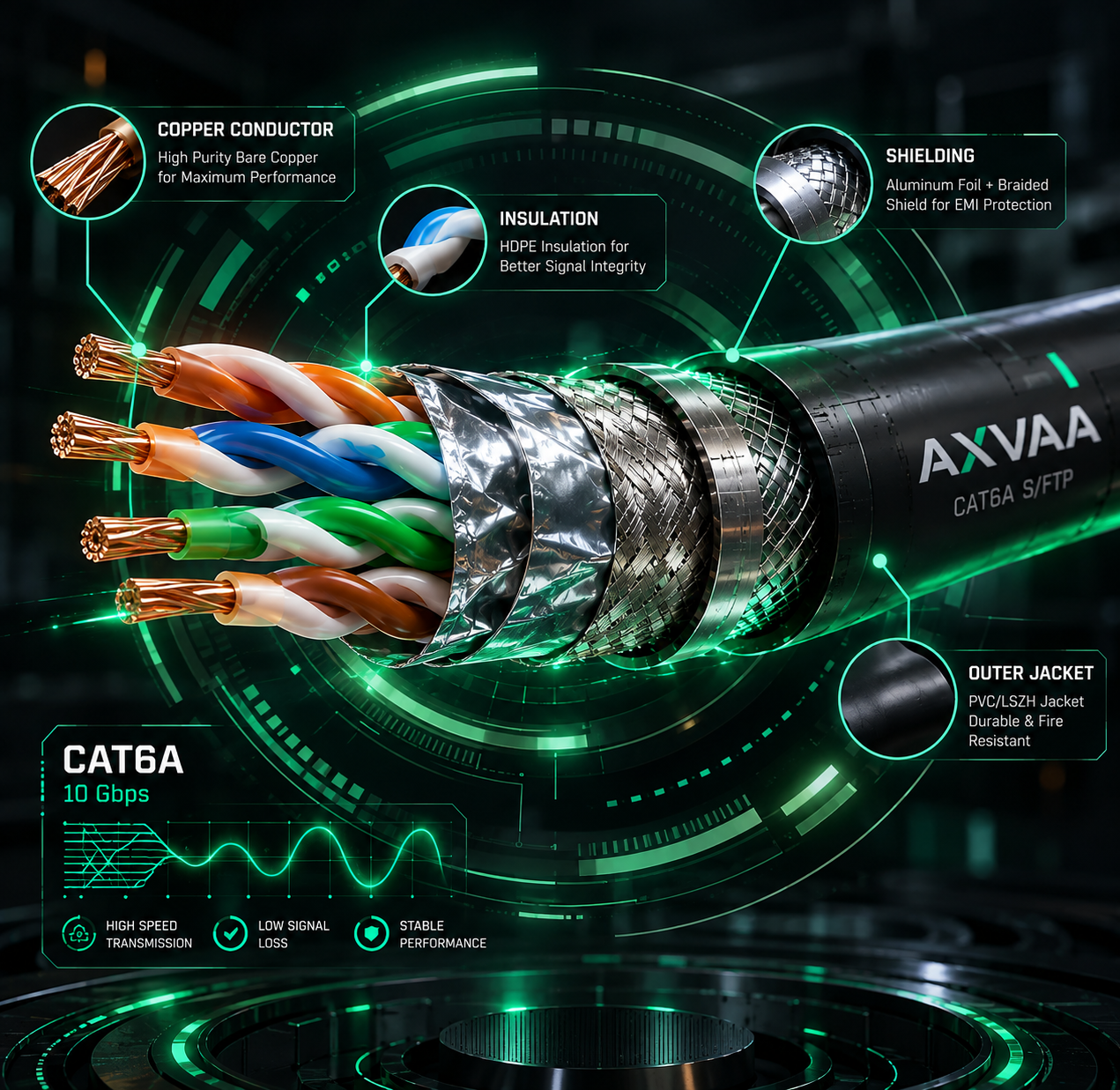 AXVAA CAT6A network cable cutaway showing copper conductor, insulation, shielding and outer jacket